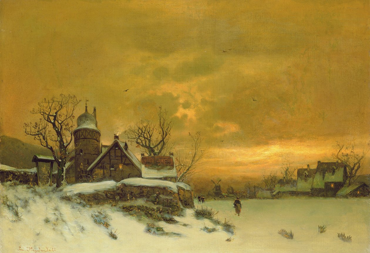 Vinterlandskab med udsigt til bygninger om aftenen af Friedrich Nicolai Joseph Heydendahl