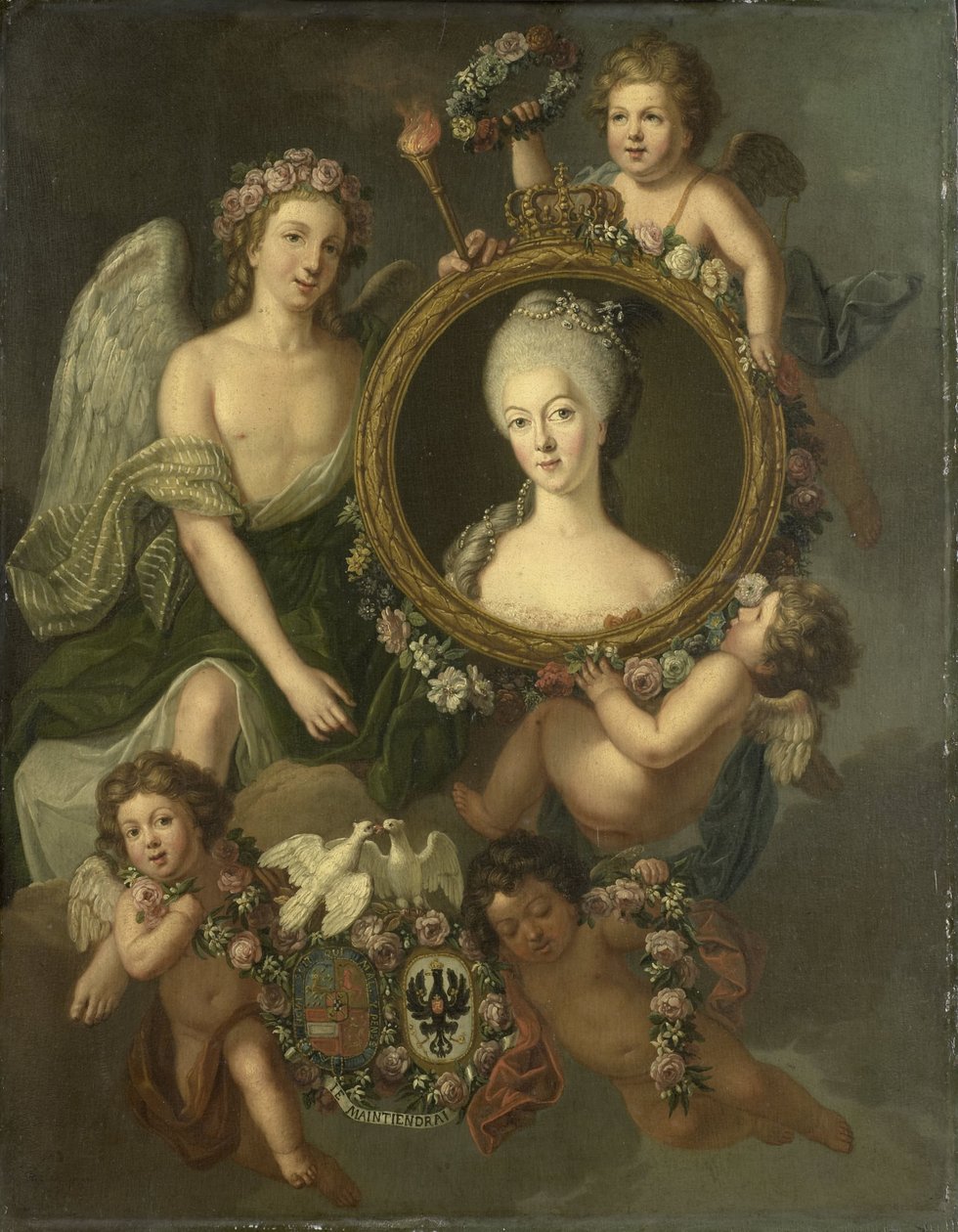 Portræt af Wilhelmina af Preussen i en medaljon med hentydninger til hendes ægteskab med prins William V den 4. oktober 1767 i Berlin (Frederika Sophia Wilhelmina) af Friedrich Reclam