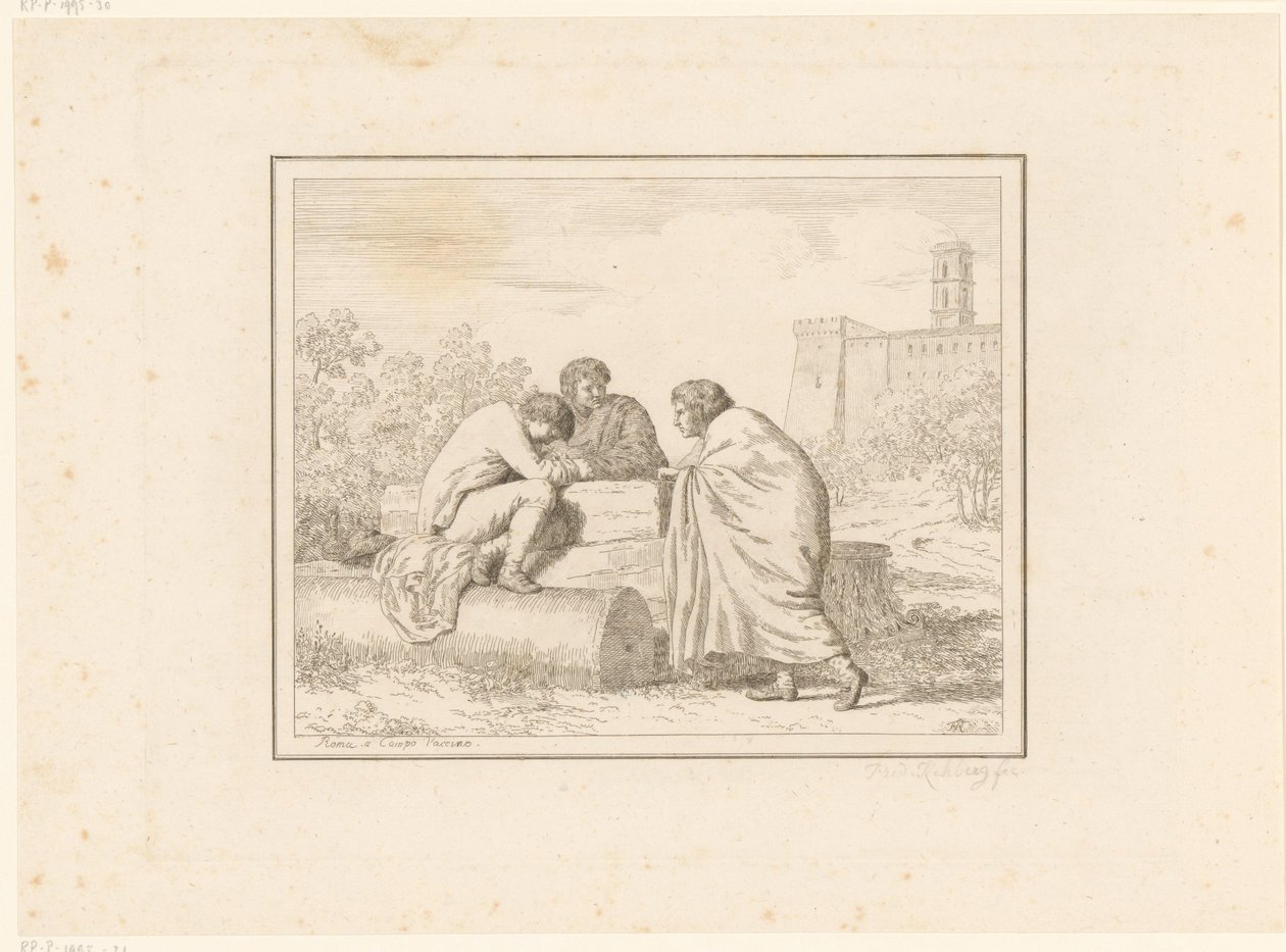 Tre unge mænd Scener fra hverdagen i Italien Figur, prese dal vero, ed incise a aqua forte (serietitel) af Friedrich Rehberg