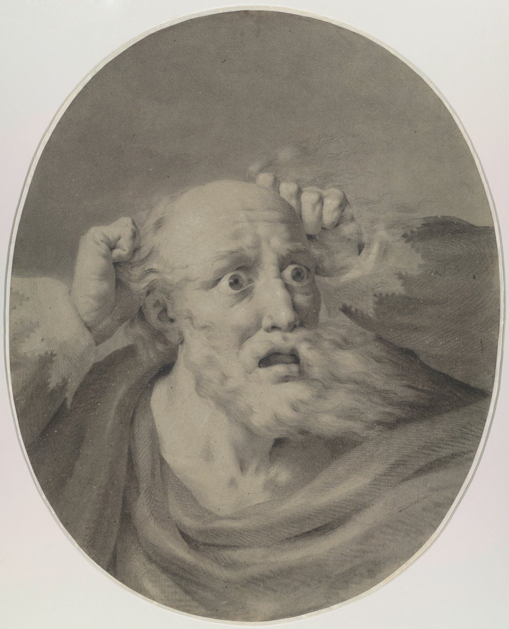 Gammel mand med skæg, der roder i håret. af Friedrich Rehberg