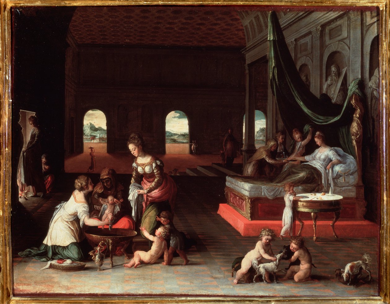 Et barns fødsel - ca 1565, olie på lærred af Friedrich Sustris