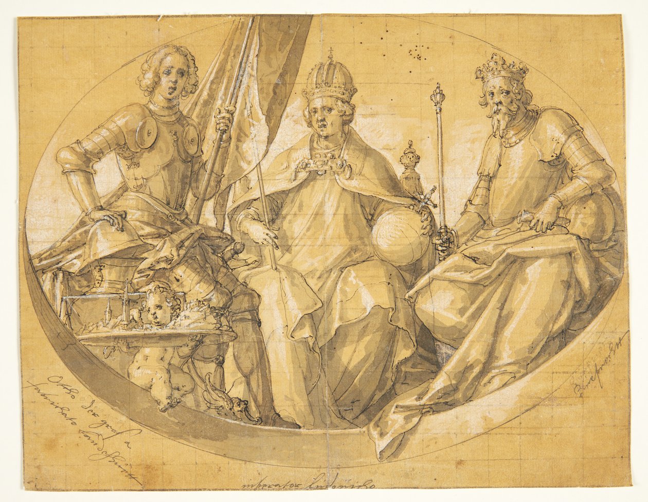 Udkast til et ovalt loftsmaleri(?) forestillende kongerne Otto den Store (912-973), Ludvig den Rige (1417-1479) og Ruprecht (1352-1410) af Friedrich Sustris