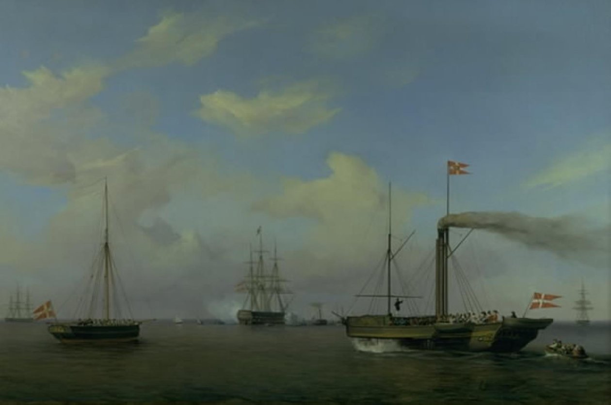 Den danske eskadre til ankers på Warnemünde rhed. Deres kongelige højheder kronprinsen og kronprinsessen ankommer på dampskibet "Kiel" til eskadren, og orlogsskibet "Christian den Ottende" begynder at salutere af Friedrich Theodore Kloss