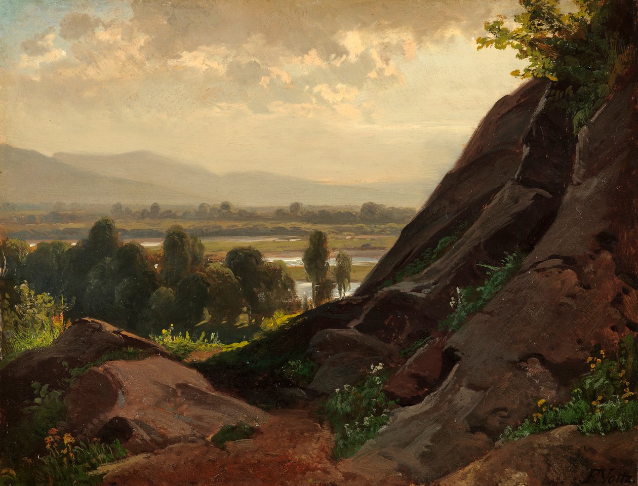 Bjerglandskab med et klippefremspring i forgrunden af Friedrich Voltz