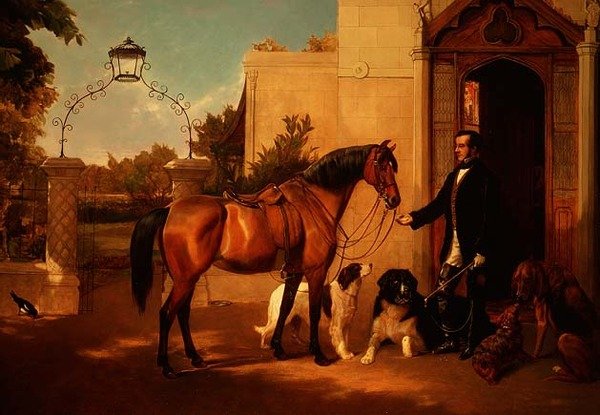 En gentleman med sin jæger og hunde uden for sit hus af Friedrich Wilhelm Keyl