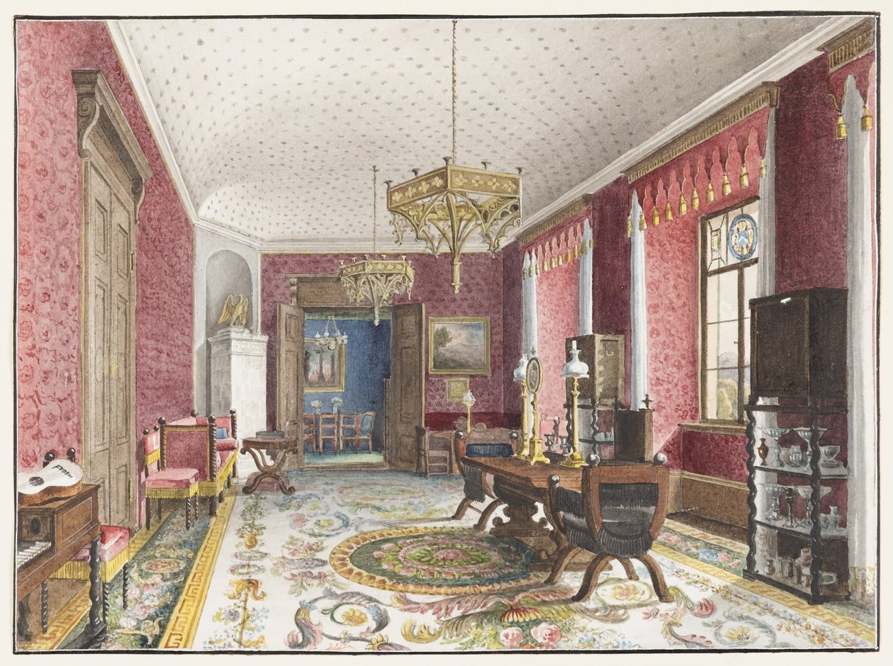 Det røde rum, Schloss Fischbach, ca. 1846 af Friedrich Wilhelm Klose