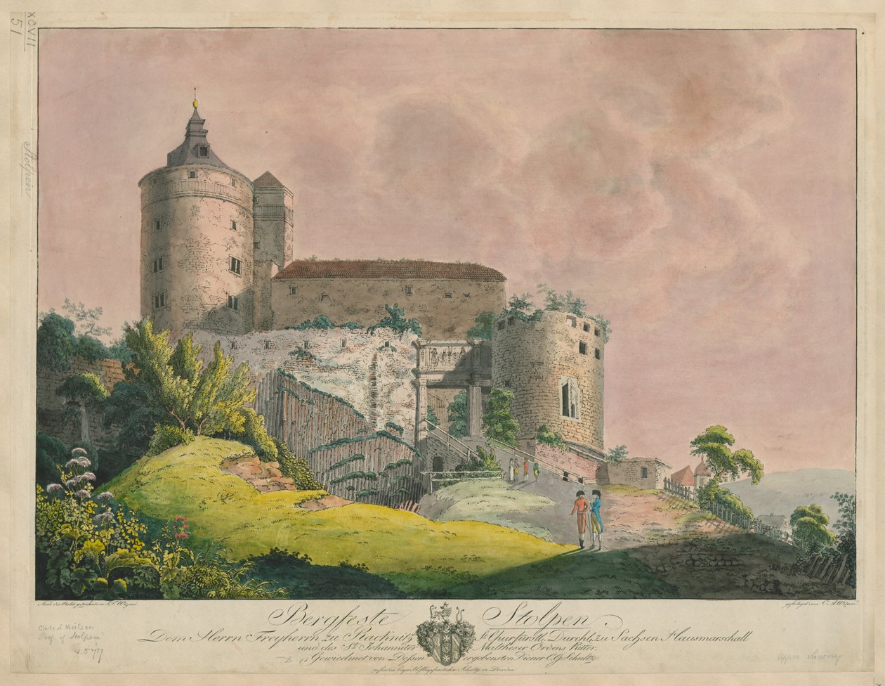 Bergfeste Stolpen, ca. 1800 (farvet stik) af Friedrich or Johann Friedrich Wizani