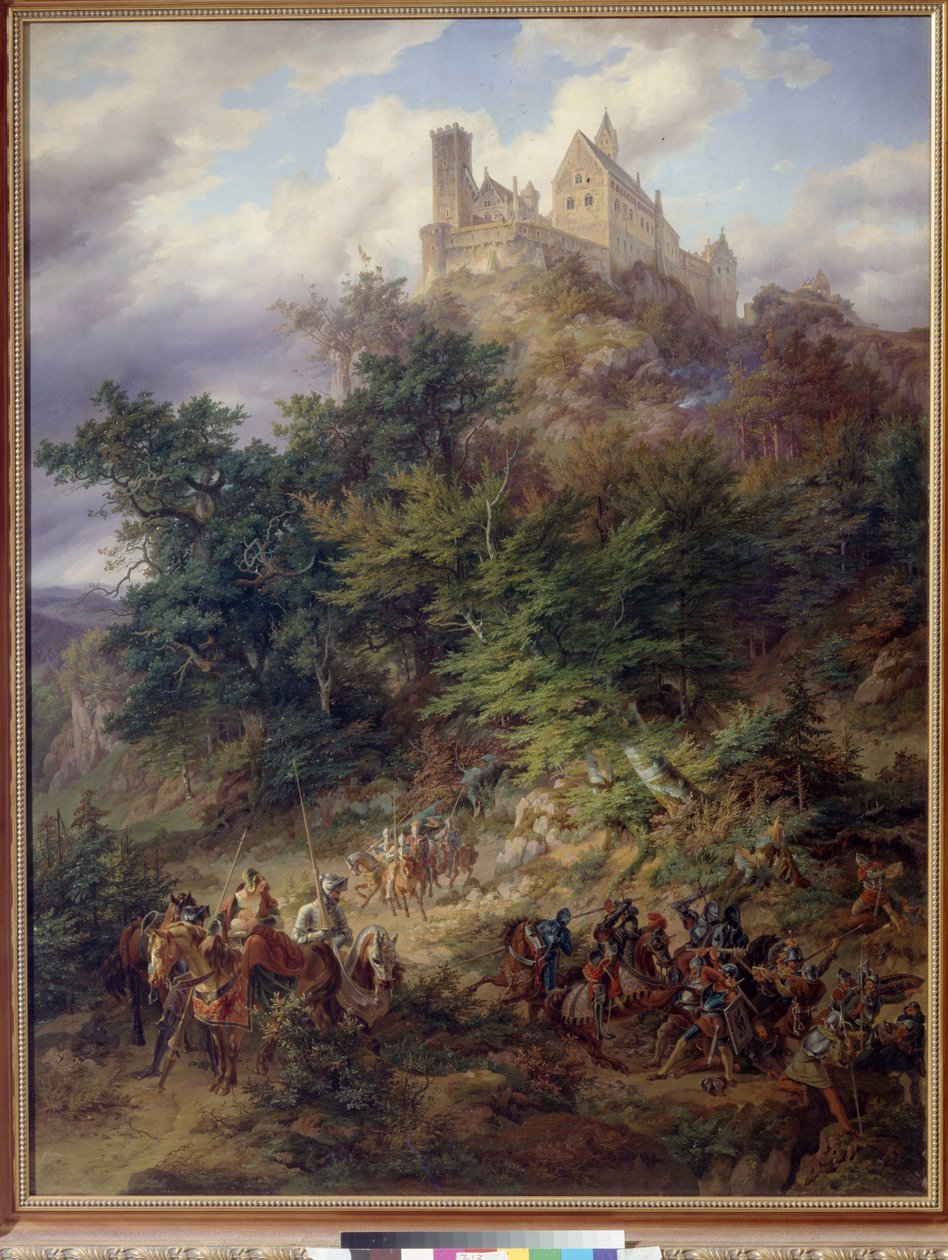 Landskab med riddere (Wartburg) af Preller, Friedrich, den ældre (1804-1878). Olie på lærred af Friedrich the Elder Preller