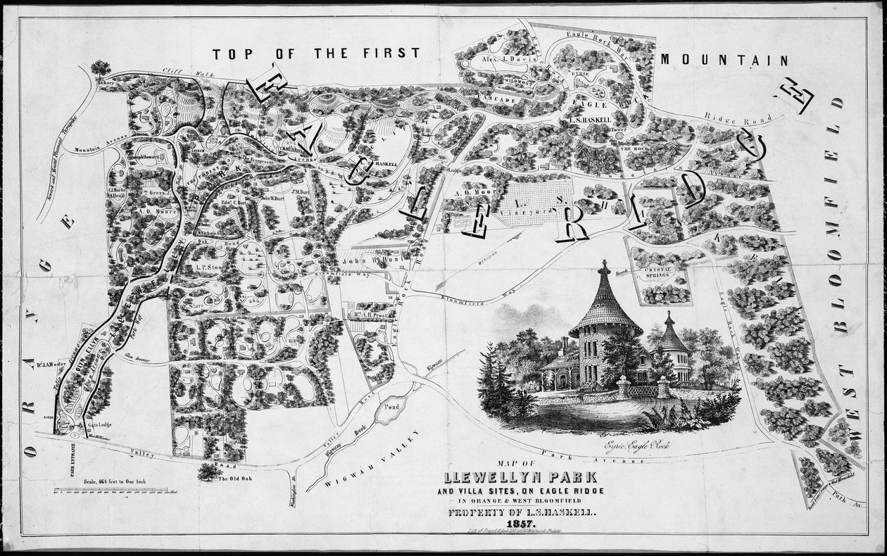 Kort over Llewellyn Park and Villa Sites, på Eagle Ridge i Orange & West Bloomfield, 1857., 1857. af Friend and Aub