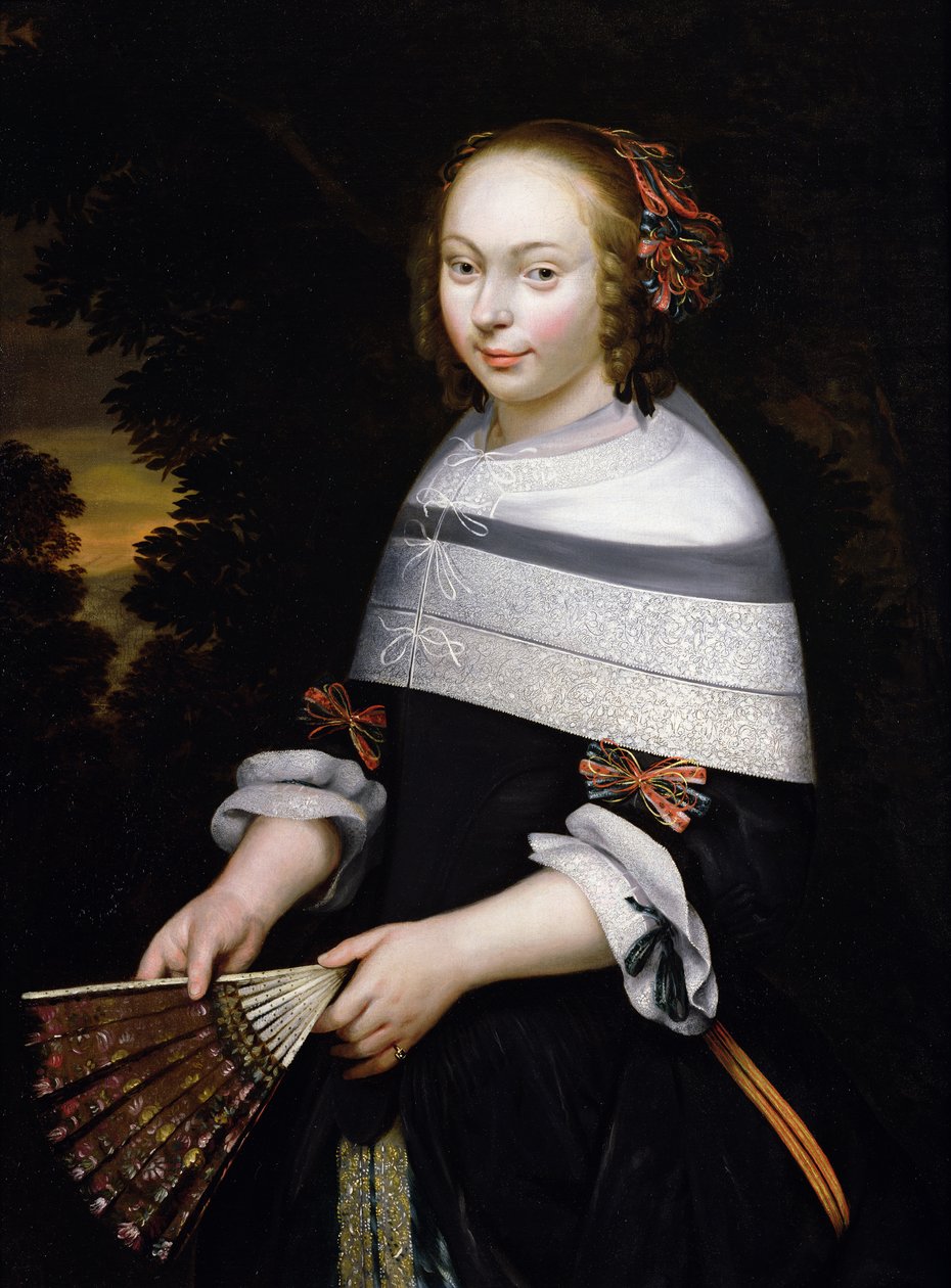 Et portræt af en ung pige, der holder en vifte, et landskab hinsides, ca. 1650 af Friesian School