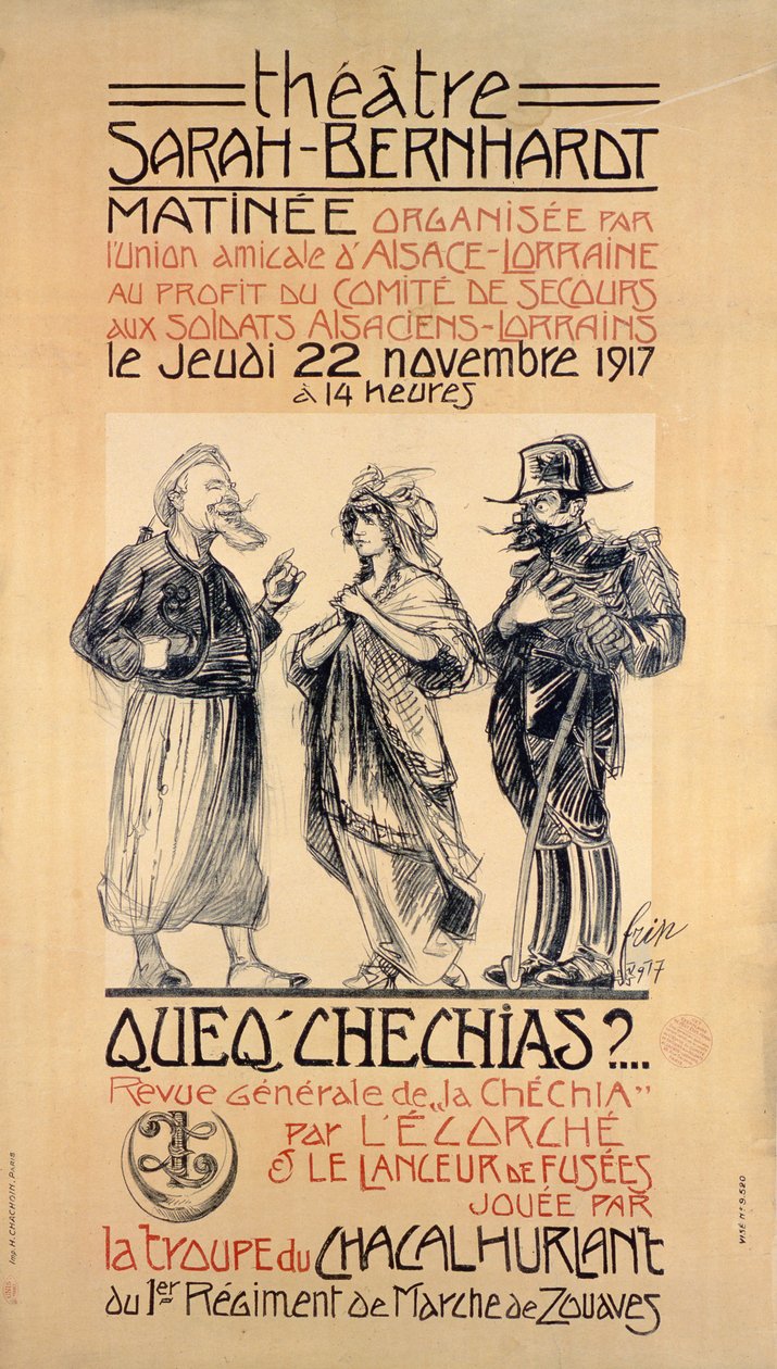Plakat, der reklamerer for en Benefit Matinée-forestilling på Sarah Bernhardt Theatre, Paris, for at hjælpe soldater fra Alsace-Lorraine, 1917 af Frip