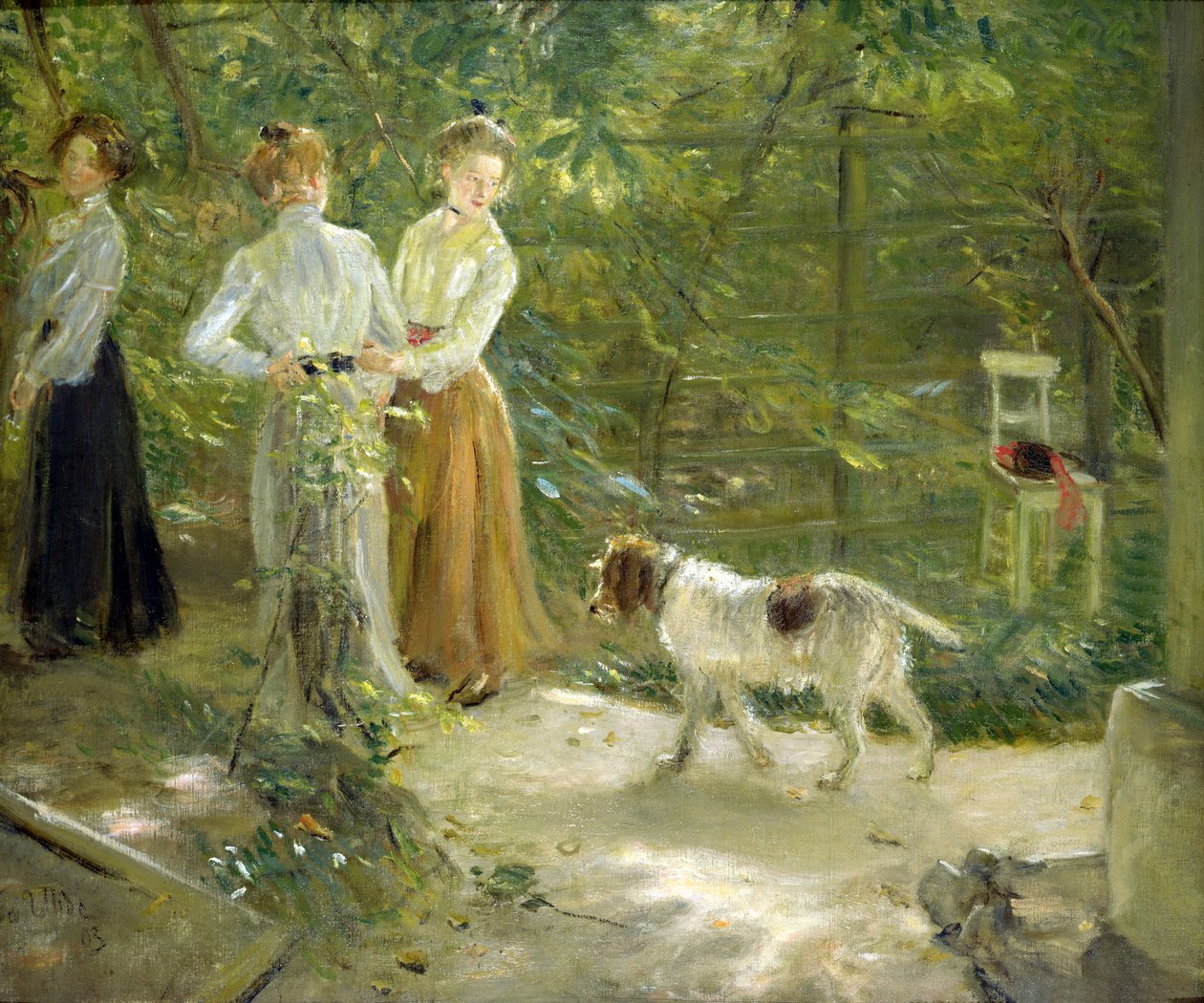Udsigt over kunstnerens have med sine døtre, 1903 af Fritz von Uhde