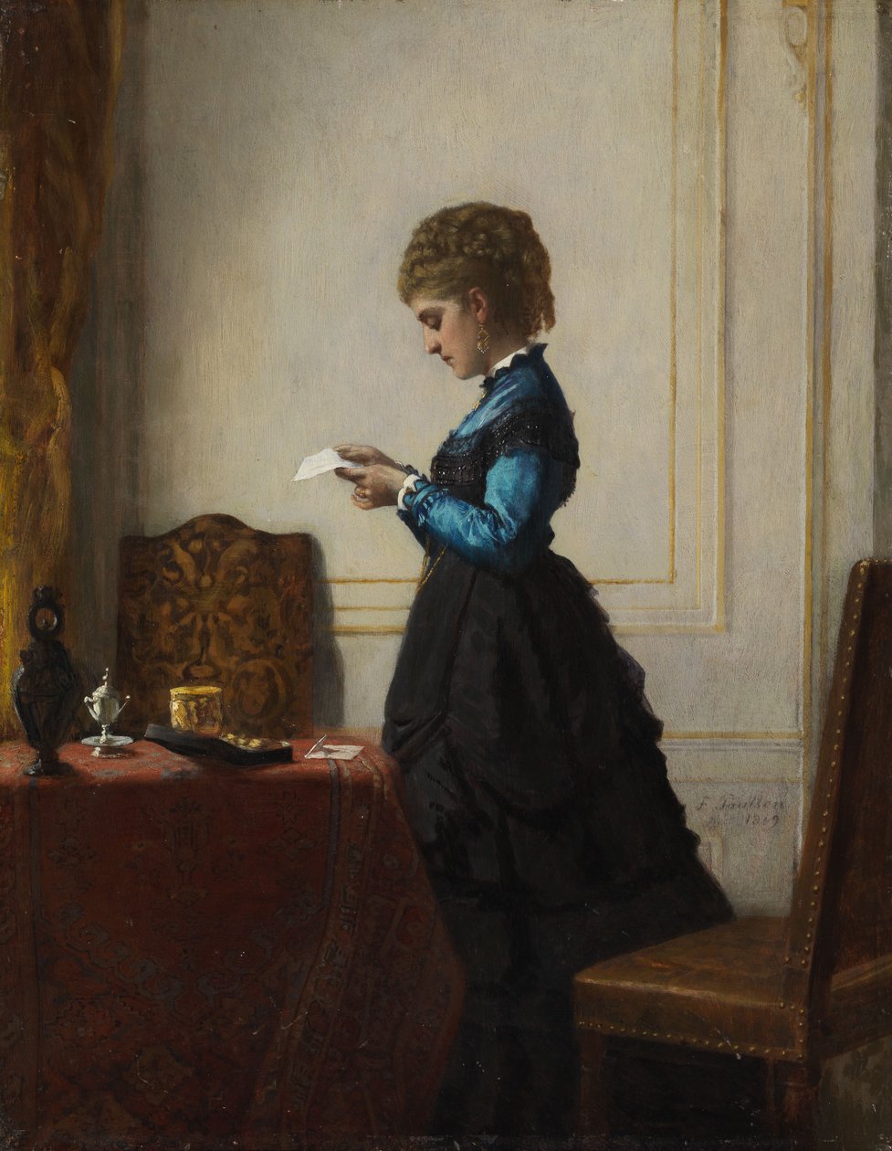 Ung kvinde foran et vindue, der læser et brev af Fritz Paulsen