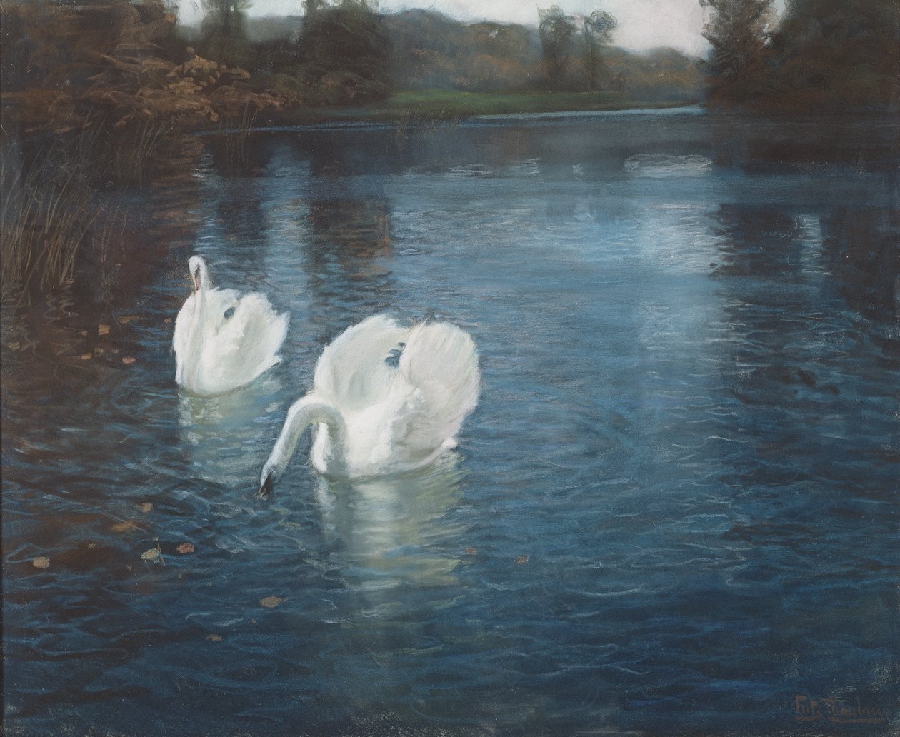Svaner på floden, ca.1880 (kridt på papir) af Frits Thaulow