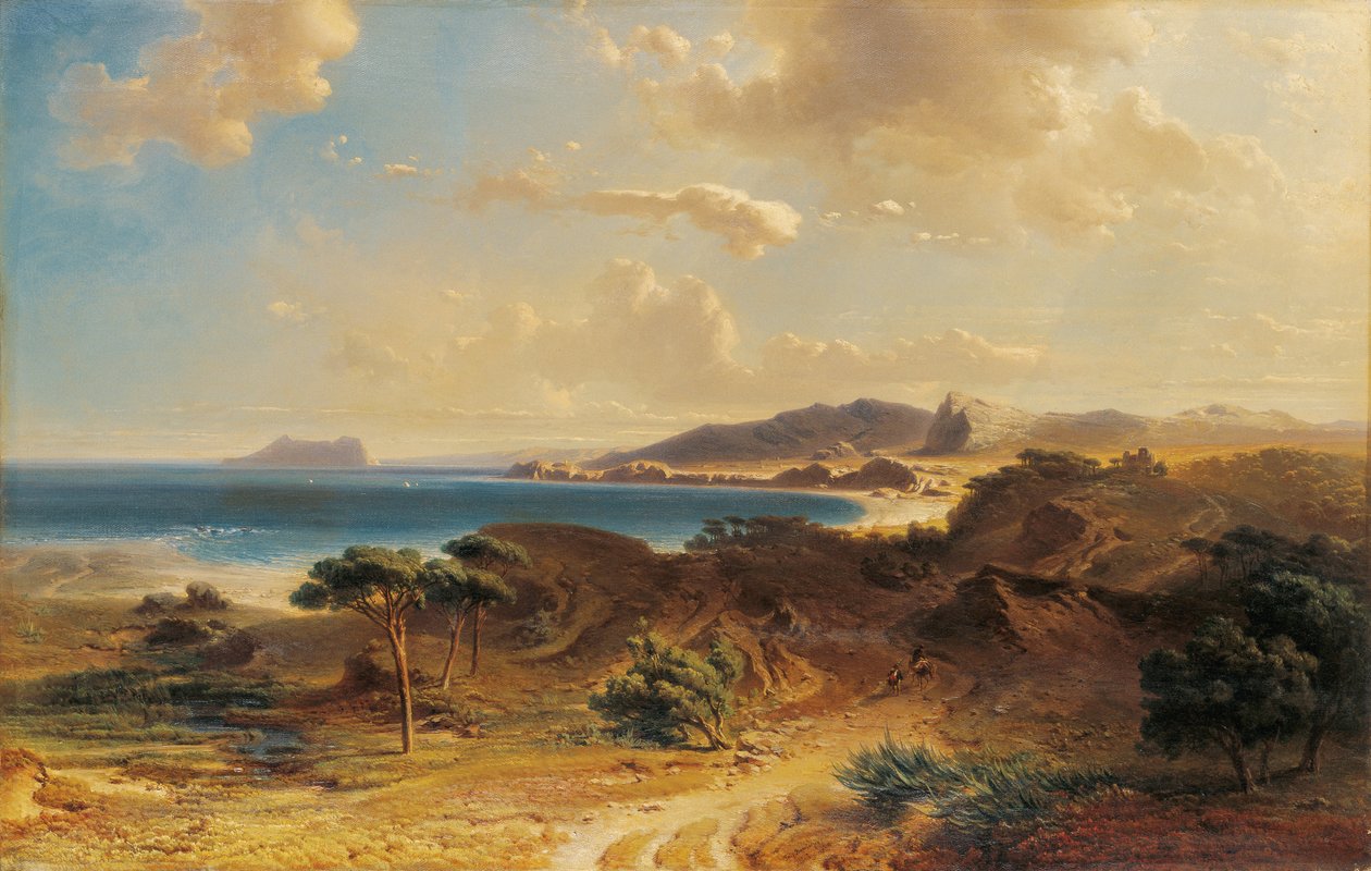Strand ved Estepona med udsigt over Gibraltarklippen - Bamberger, Fritz (Friedrich) (1814-1873) - 1855 - Olie på lærred - 73x112,7 - Museo Carmen Thyssen, Malaga af Fritz Bamberger