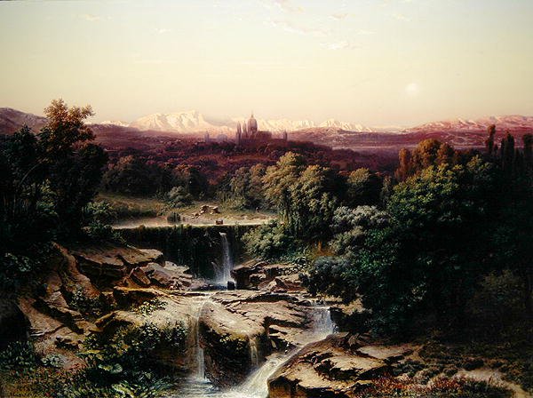 Udsigt over det kongelige kloster i San Lorenzo de El Escorial (olie på lærred) af Fritz Bamberger
