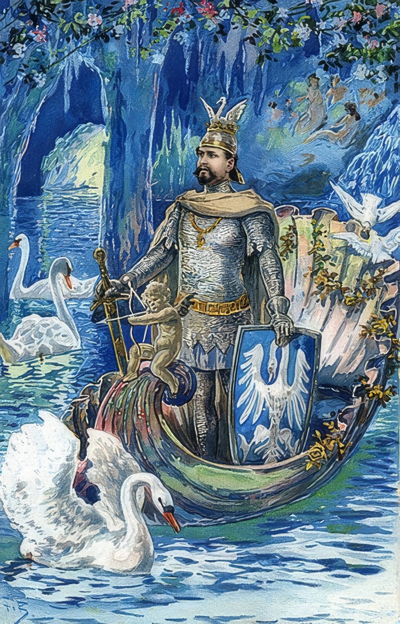Kong Ludwig II som Lohengrin i den blå grotte i Linderhof Palace. Omkring 1900 af Fritz Bergen