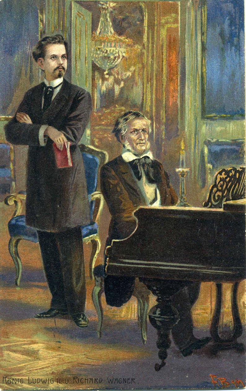 Wagner og kong Ludwig II, ca. 1900 (farve litho) af Fritz Bergen