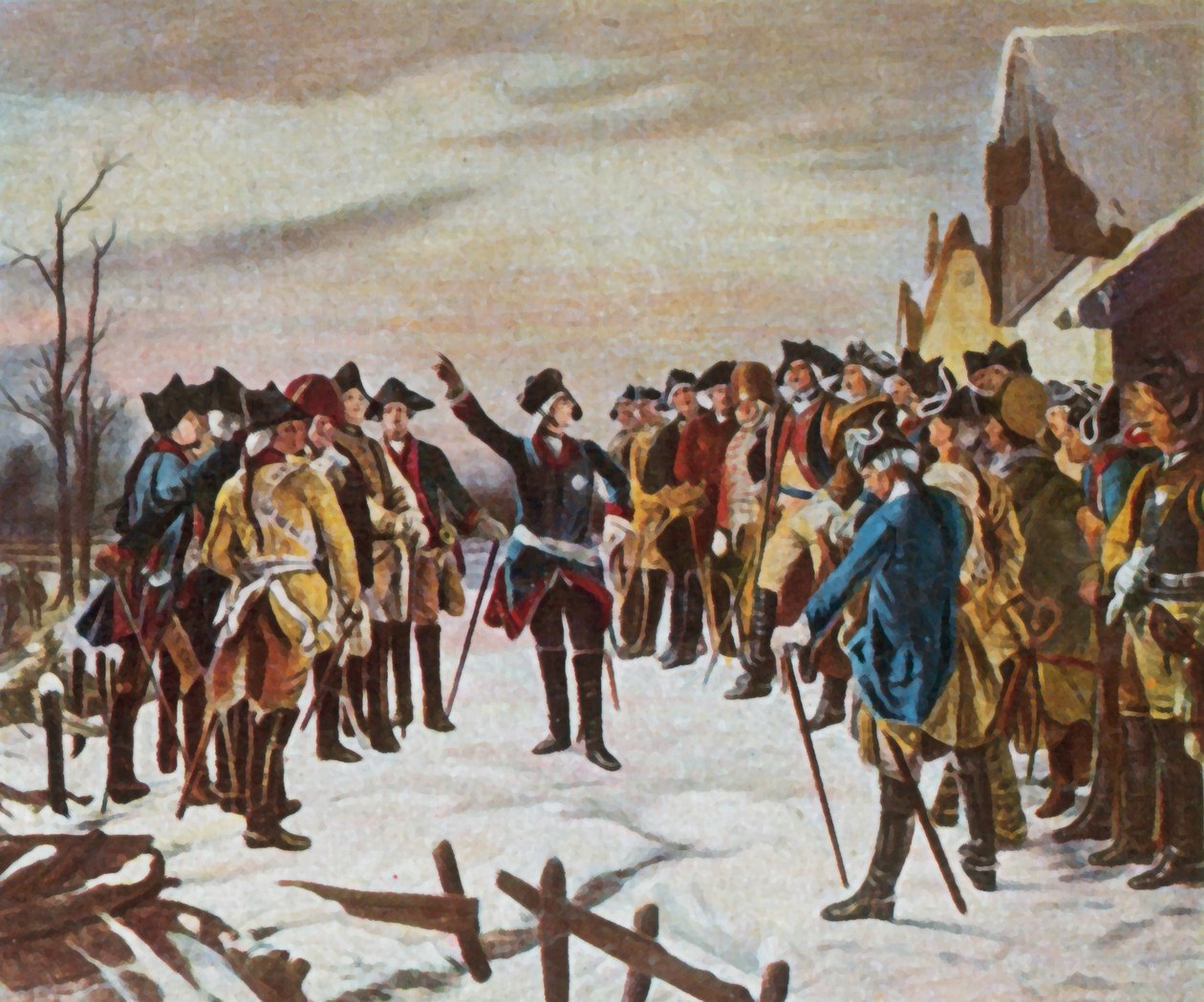 Frederik den Stores tale til sine generaler aftenen før slaget ved Leuthen, 5. december 1757 (forstærket farvelitografi) af Fritz Roeber