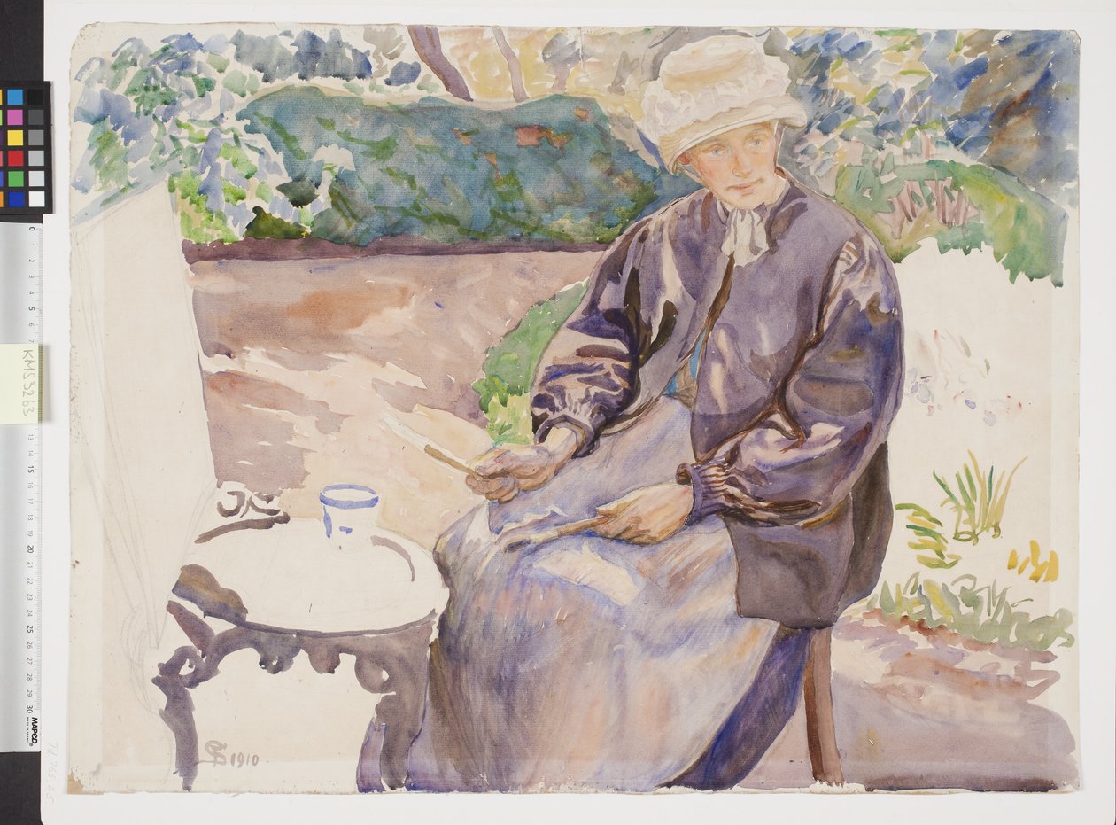 Kunstnerens kone, malerinden Anna Syberg, i smedens have af Fritz Syberg