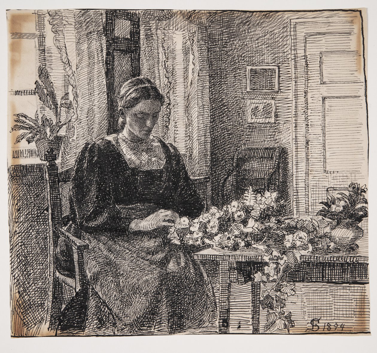 Min hustru (fru Anna Syberg) binder krans af Fritz Syberg