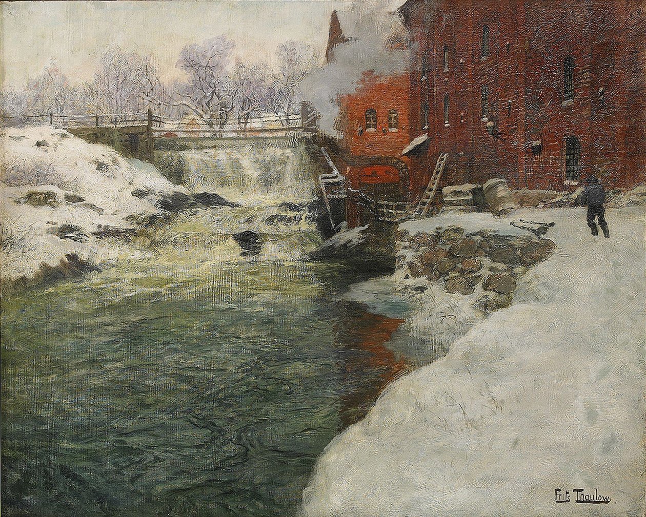 Lærredsfabrik ved Aker Å Kristiania, ca. 1890 af Fritz Thaulov