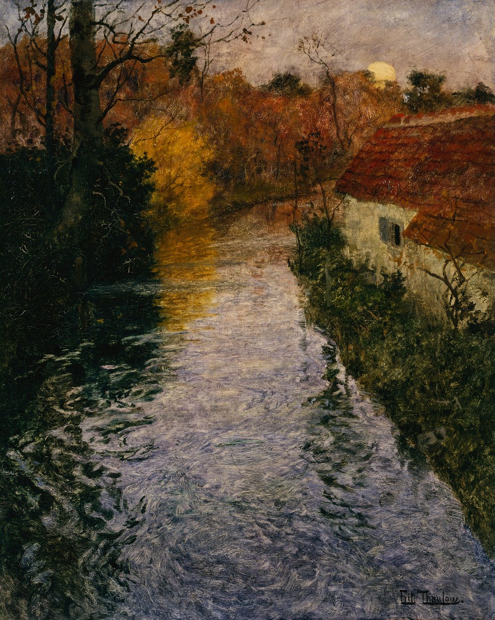 Et flodlandskab med et sommerhus i efteråret (olie på lærred) af Fritz Thaulow