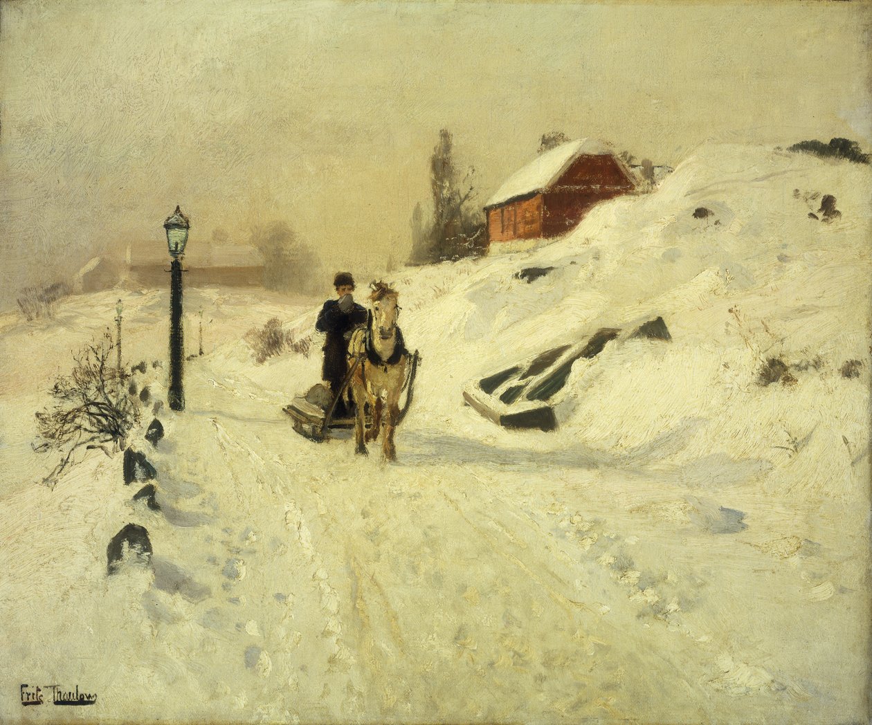 En hestetrukket slæde i et vinterlandskab af Frits Thaulow