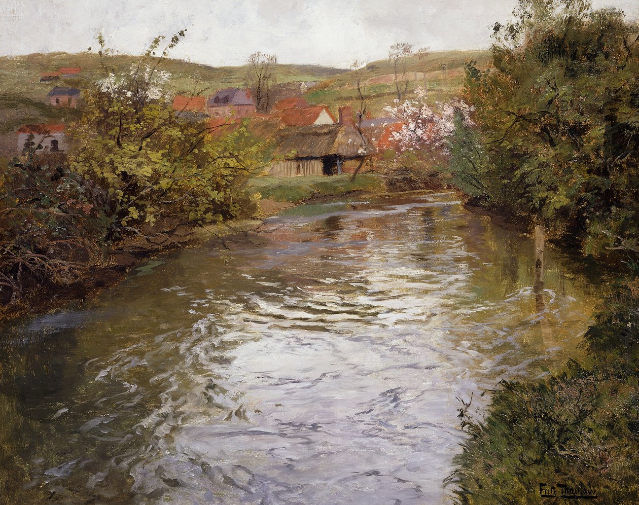 Bondehuse ved bredden af en å, af Frits Thaulow