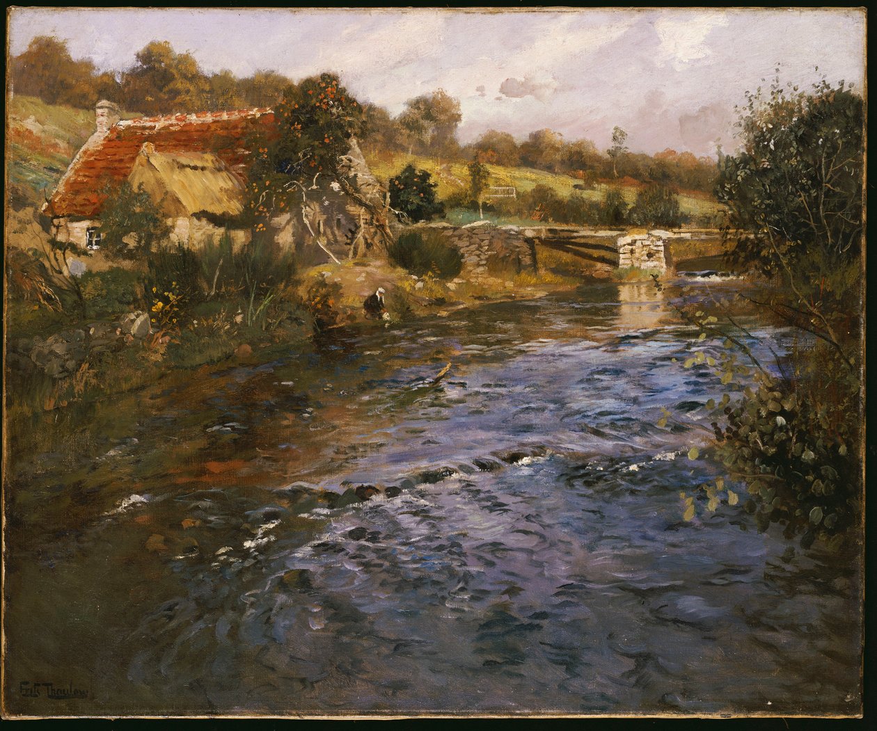 Flodlandskab med en vaskekone af Frits Thaulow