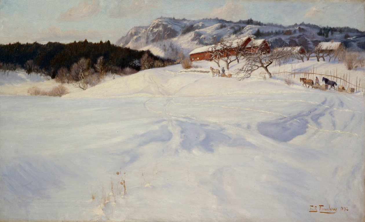 Snescene med slæde, Fleksum af Fritz Thaulow