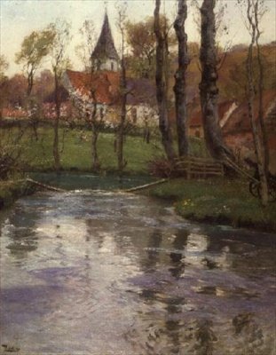 Den gamle kirke ved floden af Fritz Thaulow