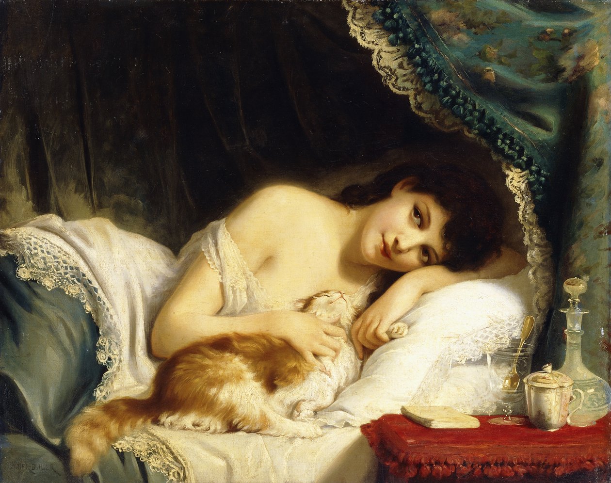 En tilbagelænet skønhed med sin kat, af Fritz Zuber Buhler