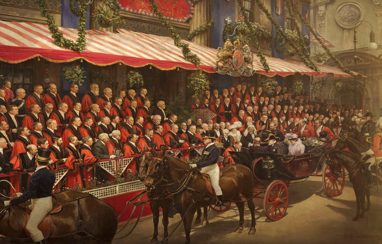 Kong Edward VII tildeler rådmand Edward B. James æren af ridderskab i rådhuset, den 9. juli 1908 af Fritz von Kamptz