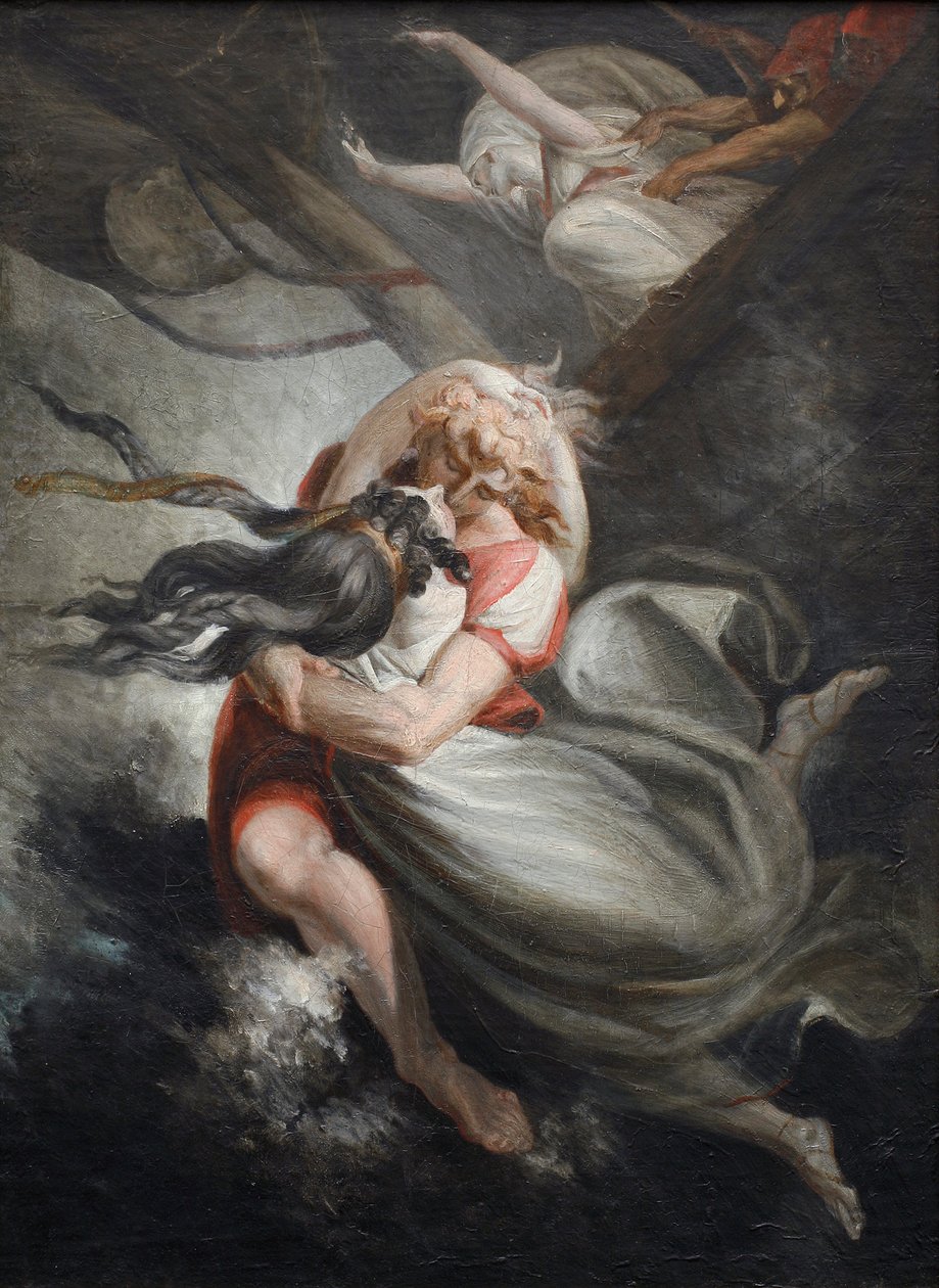 Amanda Rezia kaster sig med Huon i havet, Fatime holdes tilbage med magt, 1804-1805. af Füssli