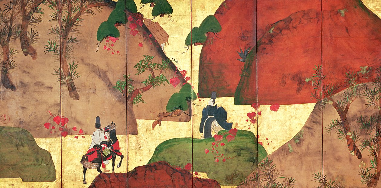 The Small Road of Ivy (pen og blæk, farve og guldpapir på panel) af Fukae Roshu