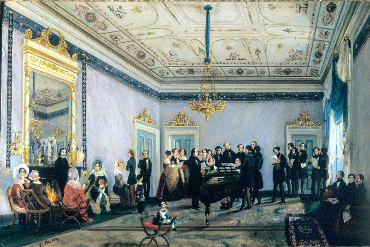Koncert i Brancas hus (Salon, eller møde mellem musikverdenens personligheder i Milano), 1839 af Fulvia Bisi