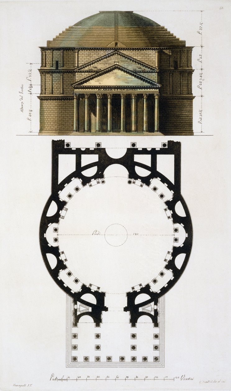 Grundplan og facade af Pantheon, Rom, fra Le Costume Ancien et Moderne af Jules Ferrario, graveret af G. Castellini, udgivet ca. 1820-30