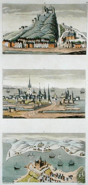 Skandinaviske havne (top til bund: København, fæstningen Segeburg og fortet i Sund) ca. 1800-15, plade 50 fra 