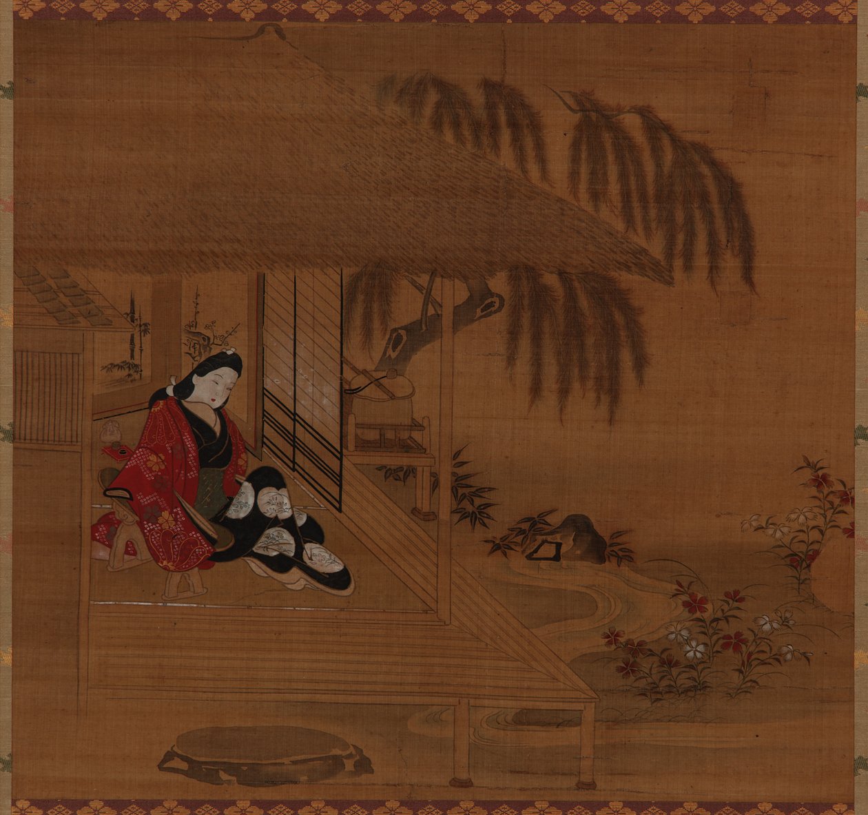 Have, interiør og siddende pige, Edo-perioden, 1615-1868. af Furuyama Moroshige