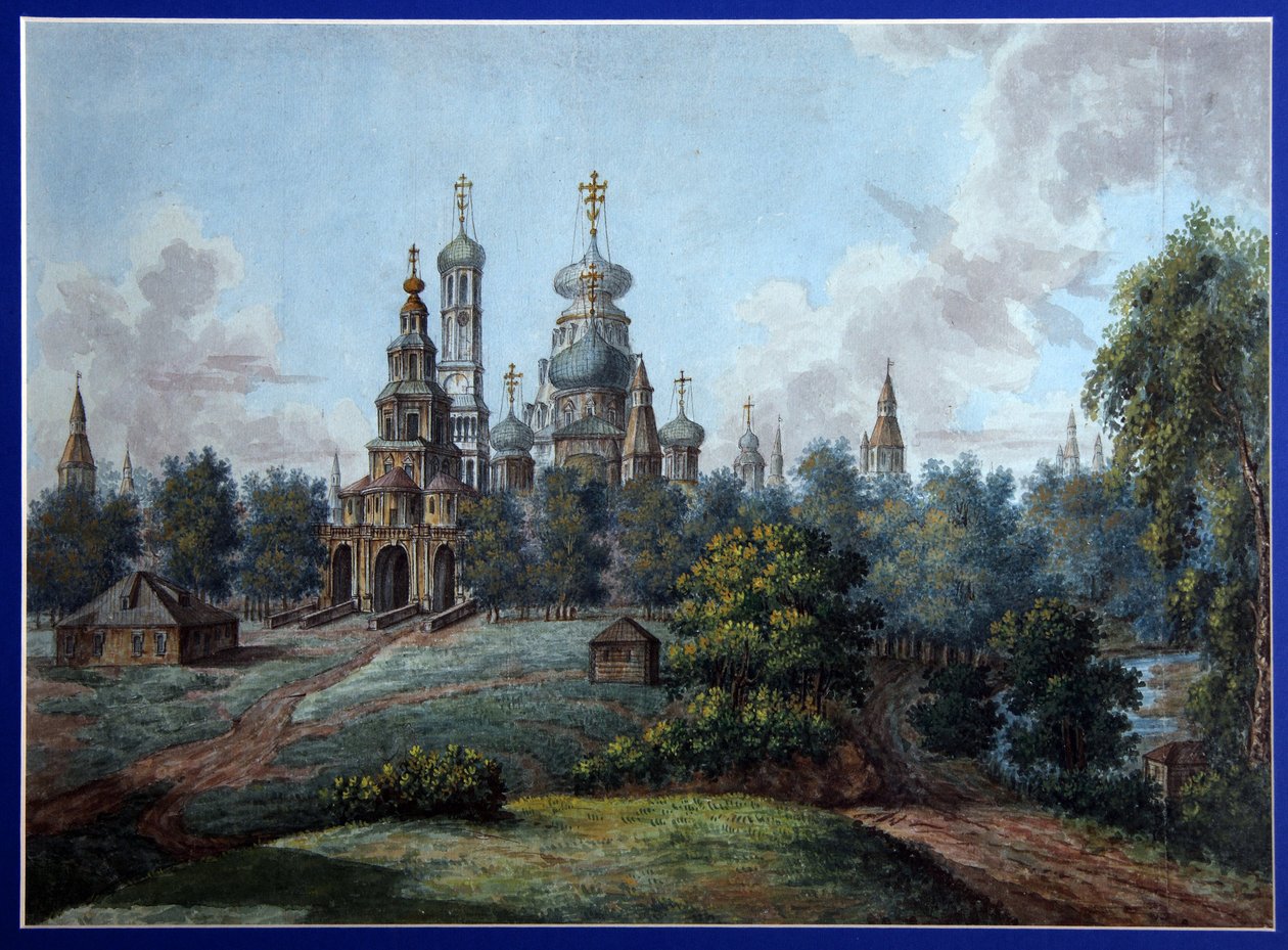 Det nye Jerusalem Kloster. Russisk-ortodoks arkitektur, i Istra nær Moskva. Værk af Fjodor Yakovlevich Alexeyev (1753-1824), akvarel og blæk på papir, ca. 1800. Russisk kunst, begyndelsen af ​​det 19. århundrede, klassicisme. st af Fyodor Alexeyev