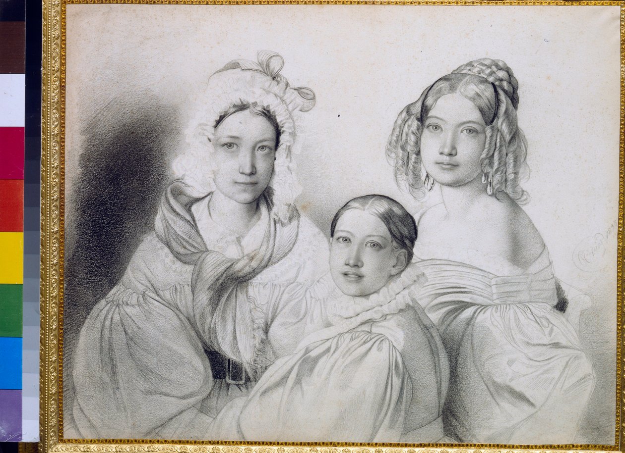 Portrætter af grevinderne Praskovia (1817-1835), Nadezhda (1822-1840) og Maria (1813-1849), døtre af den russiske prins Piotr Viazemski (Pierre Wiazemsky) (1792-1878) - Tegning af Bruni (Fidelio) 1799-1875) af Fyodor Bruni