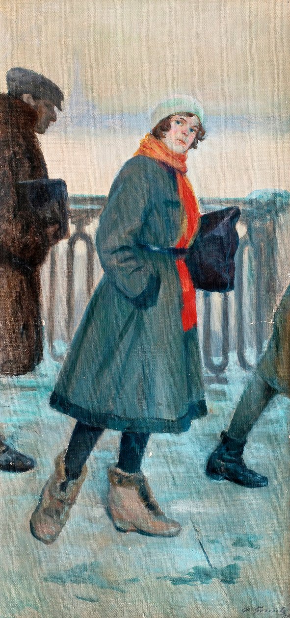 ""På vej til arbejde"" En kvinde på vej på arbejde (Vejen til arbejde) Maleri af Fyodor Buchholz (1857-1942) Olie på lærred 1926 Dim 71x34 cm Privat samling af Fyodor Buchholz