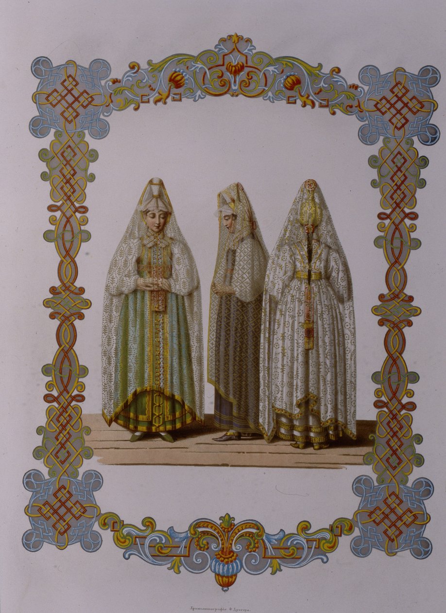 Kostumer af Jomfruer fra Torzhok Fra serien Clothing of the Russian State, 1851 af Fyodor Grigoryevich Solntsev