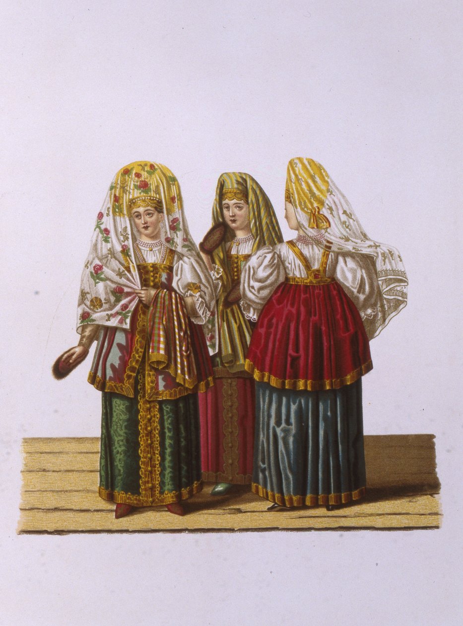 Kostumer af kvinder og piger fra Tver Fra serien Clothing of the Russian State, 1851 af Fyodor Grigoryevich Solntsev