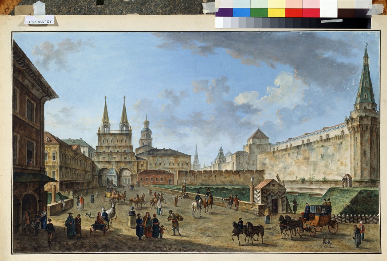 Moskva, Udsigt over Opstandelsesporten ved Den Røde Plads. Maleri af Fjodor Yakovlevich Alexeev (1753-1824). Akvarel og gouache på papir, 58,2 x 91,2 cm, ca. 1801. Russisk kunst, klassicisme. Museum af af Fyodor Yakovlevich Alexeev