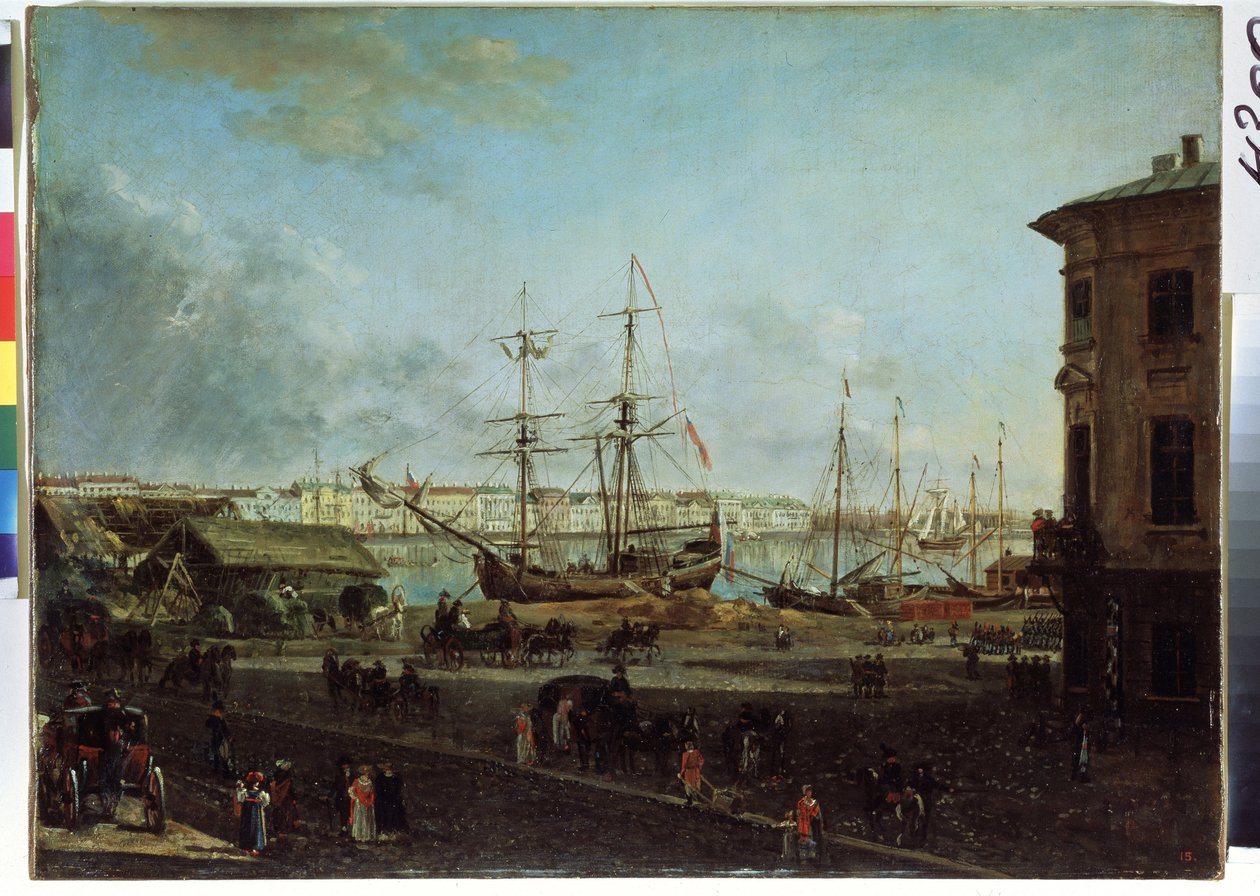 Udsigt over den engelske dæmning fra Vasilievsky-øen, Sankt Petersborg (Udsigt over den engelske dæmning fra Vasilievsky-øen). Maleri af Fjodor Yakovlevich Alexeev (1753-1824). Olie på lærred, 53 x 72,5 cm af Fyodor Yakovlevich Alexeev