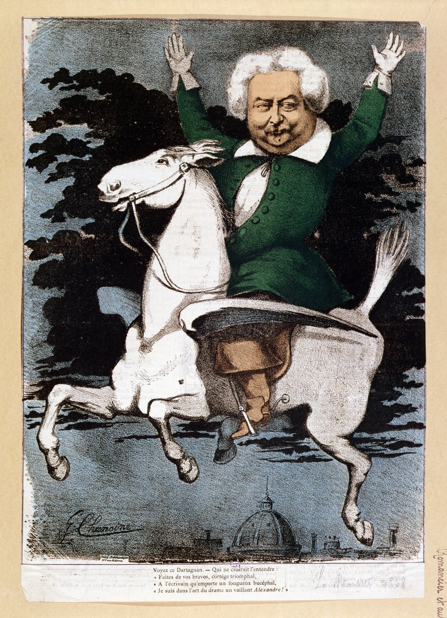 Karikatur af Alexandre Dumas pere (1803-70) som musketerer, illustration fra La Marotte, 1868 af G. Chanoine