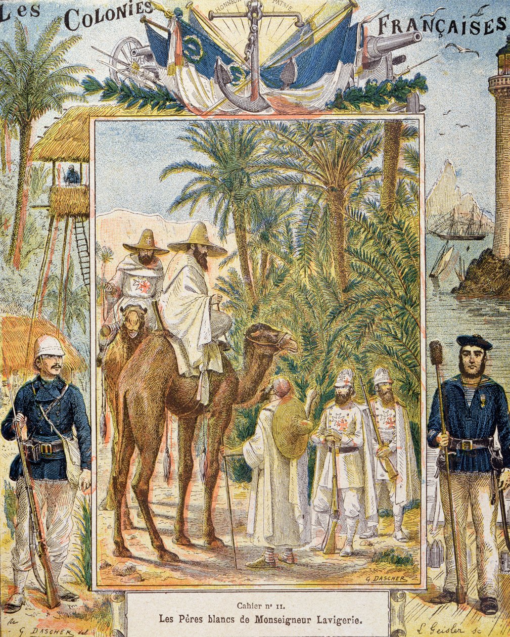 De hvide fædre fra kardinal Lavigerie i Afrika, omslag til en skolebog, graveret af L. Geisler, ca. 1880-90 af G. Dascher