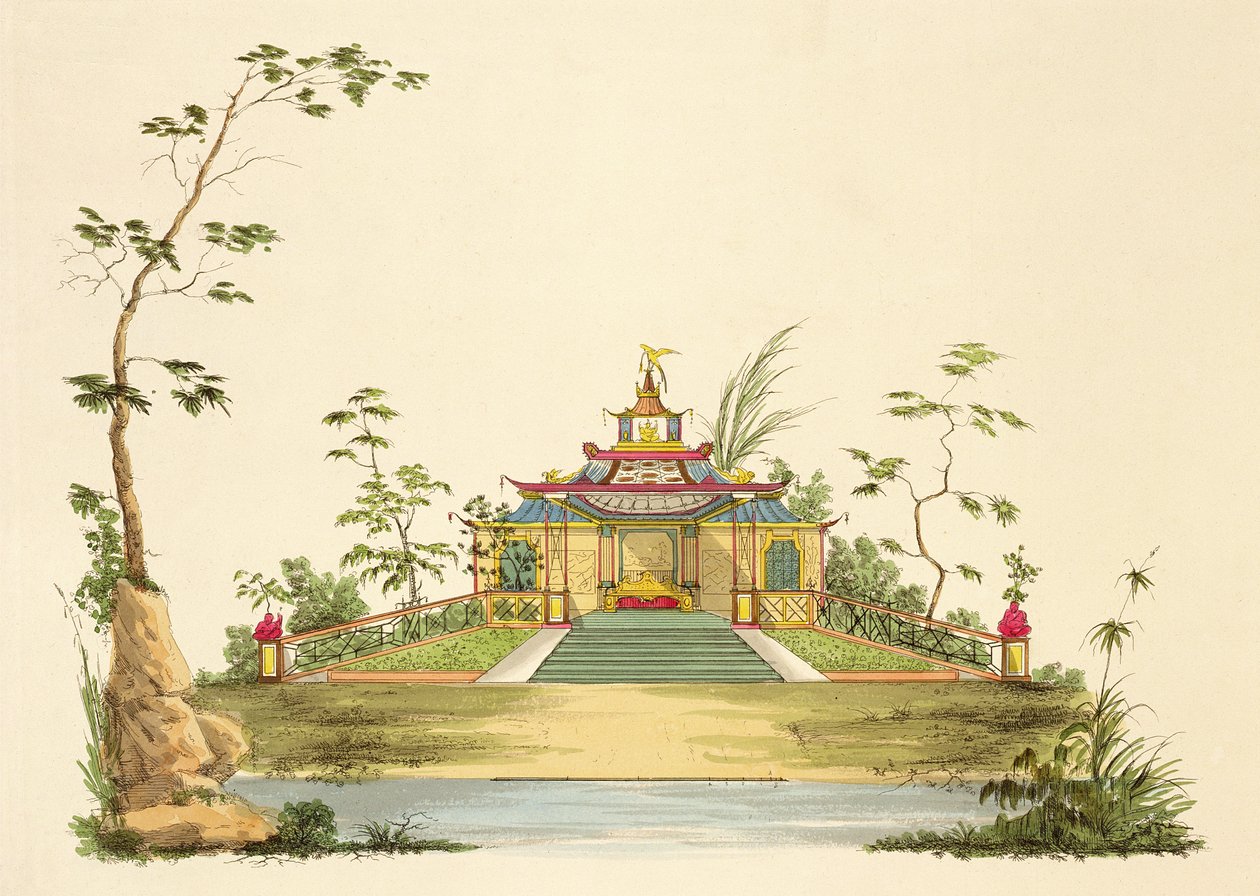 Design til et kinesisk tempel, ca. 1810 (pen og blæk og wc på papir) af G. Landi